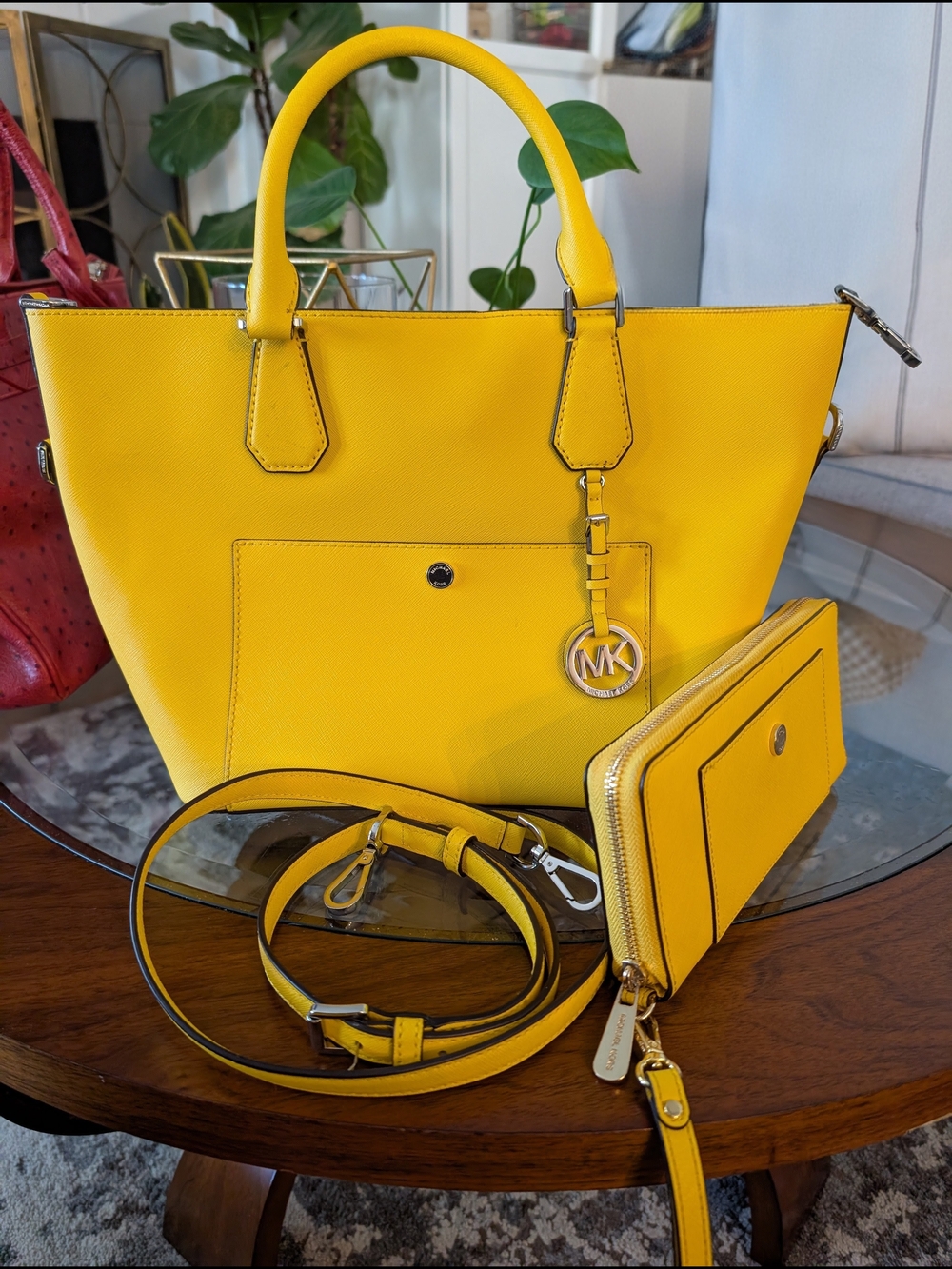 Michael Kors Yellow Saffiano Leather Tote with Matching Wallet and Strap